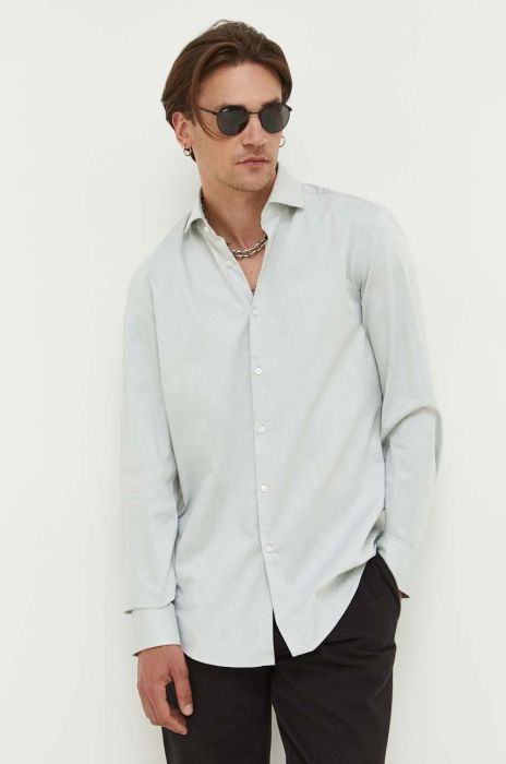 Бавовняна сорочка HUGO чоловіча колір зелений slim з італійським коміром Бавовняна сорочка HUGO чоловіча колір зелений slim з італійським коміром