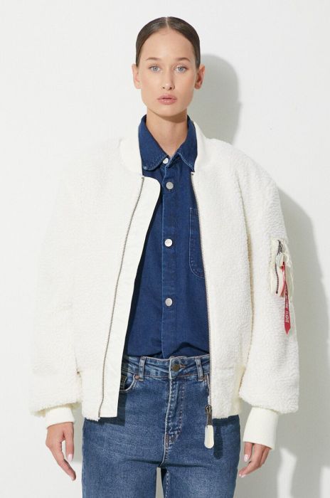 Куртка-бомбер Alpha Industries Ma-1 Teddy жіночий колір бежевий перехідна oversize 108102.16-cream Куртка-бомбер Alpha Industries Ma-1 Teddy жіночий колір бежевий перехідна oversize 108102.16-cream