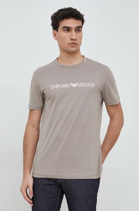 Бавовняна футболка Emporio Armani колір бежевий з принтом Бавовняна футболка Emporio Armani колір бежевий з принтом