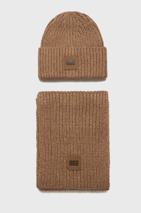 Шапка та шарф з домішкою вовни UGG колір коричневий Шапка та шарф з домішкою вовни UGG колір коричневий