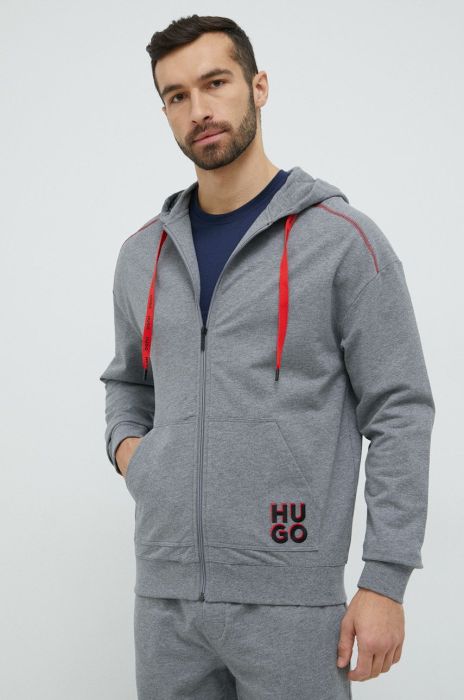 Бавовняна кофта лаунж HUGO чоловіча колір сірий з капюшоном з аплікацією Бавовняна кофта лаунж HUGO чоловіча колір сірий з капюшоном з аплікацією