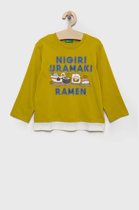 Дитячий бавовняний лонгслів United Colors of Benetton колір зелений з принтом (2558198) Дитячий бавовняний лонгслів United Colors of Benetton колір зелений з принтом (2558198)