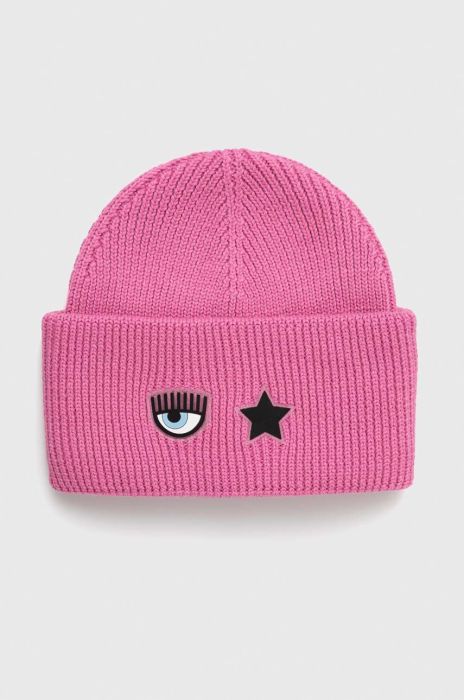 Шапка з домішкою вовни Chiara Ferragni колір рожевий з товстого трикотажу Шапка з домішкою вовни Chiara Ferragni колір рожевий з товстого трикотажу