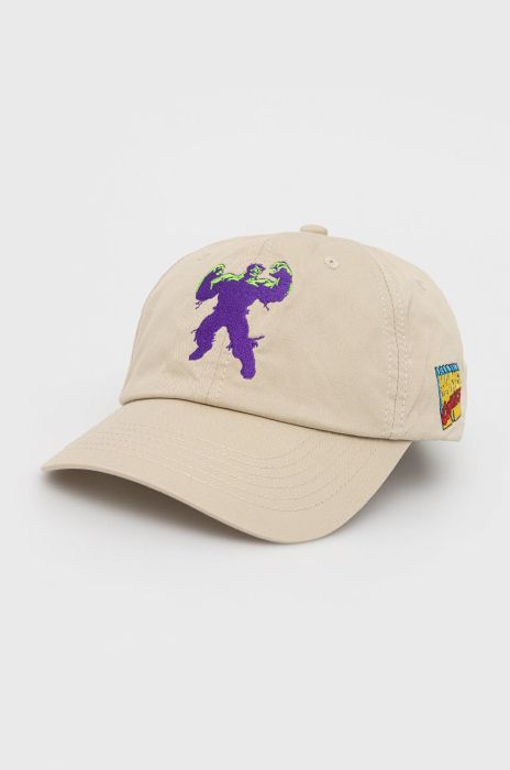 Бавовняна кепка HUF X Marvel Hulk колір бежевий з аплікацією Бавовняна кепка HUF X Marvel Hulk колір бежевий з аплікацією