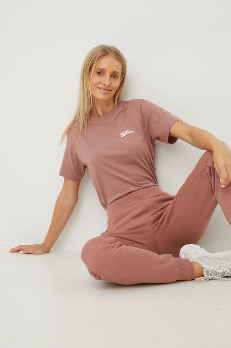 Бавовняні спортивні штани Jack Wolfskin жіночі колір рожевий однотонні (2576108)