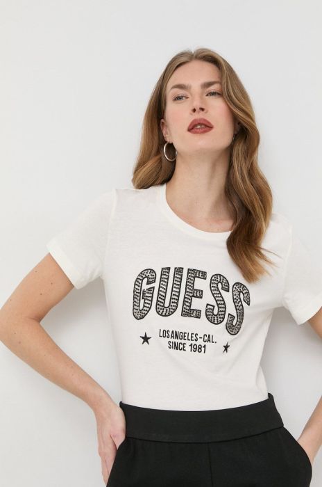Бавовняна футболка Guess колір бежевий (2695657) Бавовняна футболка Guess колір бежевий (2695657)