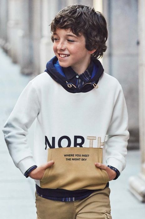 Дитяча кофта Mayoral колір бежевий з капюшоном з принтом (3413644) Дитяча кофта Mayoral колір бежевий з капюшоном з принтом (3413644)