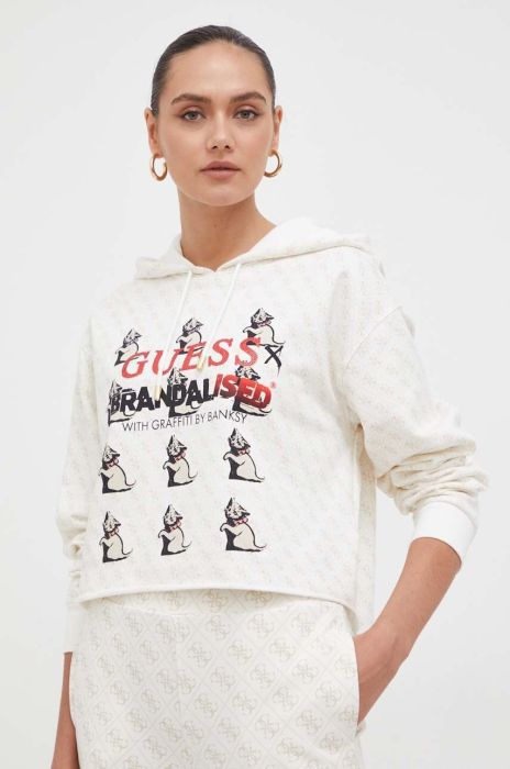 Кофта Guess x Brandalised жіноча колір жовтий з капюшоном візерунок Кофта Guess x Brandalised жіноча колір жовтий з капюшоном візерунок