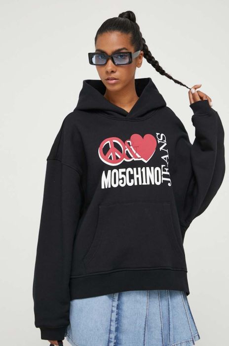Бавовняна кофта Moschino Jeans жіноча колір чорний з капюшоном однотонна (3402880) Бавовняна кофта Moschino Jeans жіноча колір чорний з капюшоном однотонна (3402880)