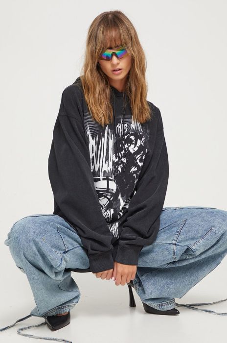Кофта HUGO жіноча колір чорний з капюшоном з принтом