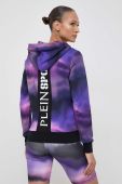 Бавовняна кофта PLEIN SPORT жіноча колір фіолетовий з капюшоном візерунок Бавовняна кофта PLEIN SPORT жіноча колір фіолетовий з капюшоном візерунок