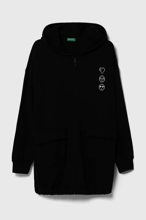 Дитяча бавовняна кофта United Colors of Benetton колір чорний з капюшоном з принтом (3393840)