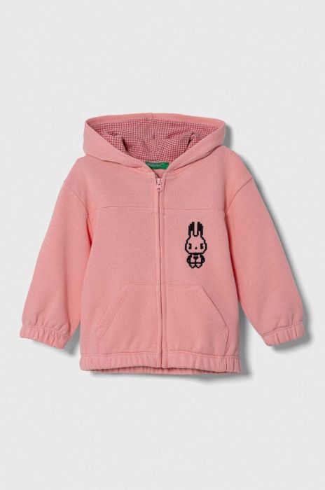 Дитяча бавовняна кофта United Colors of Benetton колір рожевий з капюшоном з аплікацією Дитяча бавовняна кофта United Colors of Benetton колір рожевий з капюшоном з аплікацією