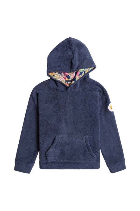 Дитяча кофта Roxy SOMEONE NEW PLFL колір синій з капюшоном однотонна Дитяча кофта Roxy SOMEONE NEW PLFL колір синій з капюшоном однотонна