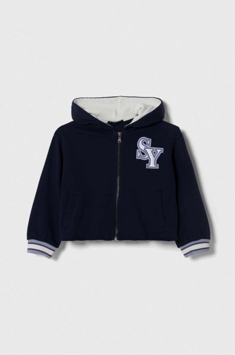 Дитяча бавовняна кофта Sisley колір синій з капюшоном з аплікацією Дитяча бавовняна кофта Sisley колір синій з капюшоном з аплікацією