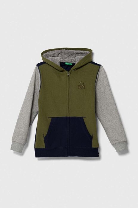 Дитяча кофта United Colors of Benetton колір зелений з капюшоном меланж