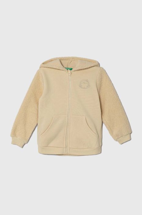 Дитяча кофта United Colors of Benetton колір бежевий з капюшоном з аплікацією Дитяча кофта United Colors of Benetton колір бежевий з капюшоном з аплікацією