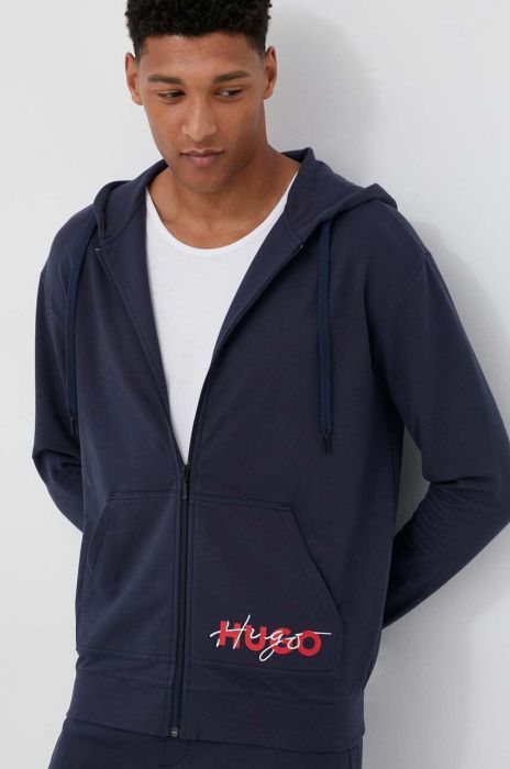 Бавовняна кофта HUGO чоловіча колір синій з капюшоном з принтом (3383231) Бавовняна кофта HUGO чоловіча колір синій з капюшоном з принтом (3383231)