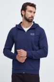Бавовняна кофта EA7 Emporio Armani чоловіча колір синій з капюшоном з принтом Бавовняна кофта EA7 Emporio Armani чоловіча колір синій з капюшоном з принтом