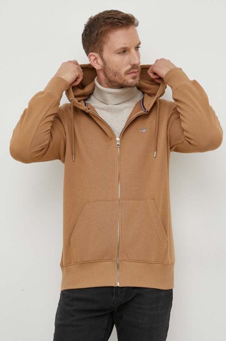 Кофта Gant чоловіча колір коричневий з капюшоном однотонна Кофта Gant чоловіча колір коричневий з капюшоном однотонна