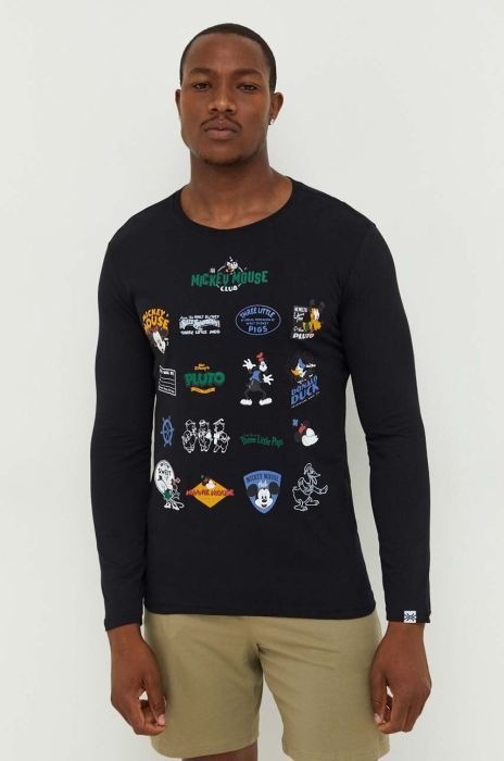 Бавовняний лонгслів United Colors of Benetton x Disney колір чорний з принтом Бавовняний лонгслів United Colors of Benetton x Disney колір чорний з принтом