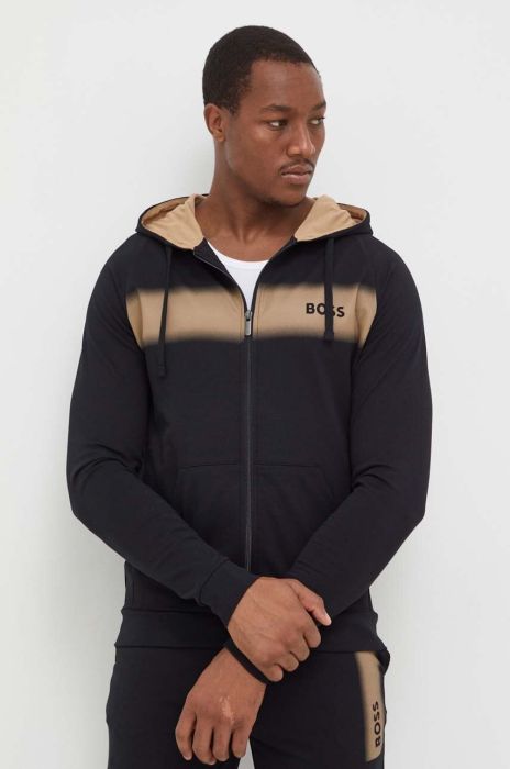 Бавовняна кофта BOSS чоловіча колір чорний з капюшоном з принтом (3510106) Бавовняна кофта BOSS чоловіча колір чорний з капюшоном з принтом (3510106)