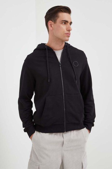 Бавовняна кофта Trussardi чоловіча колір чорний з капюшоном з аплікацією Бавовняна кофта Trussardi чоловіча колір чорний з капюшоном з аплікацією