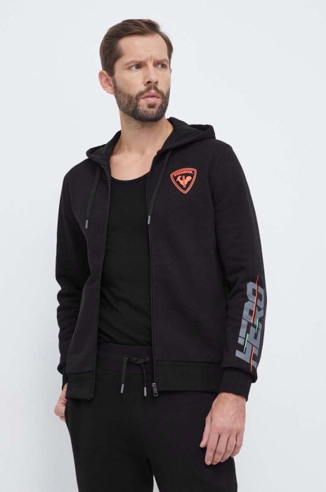 Бавовняна кофта Rossignol HERO чоловіча колір чорний з капюшоном з принтом (3649485) Бавовняна кофта Rossignol HERO чоловіча колір чорний з капюшоном з принтом (3649485)