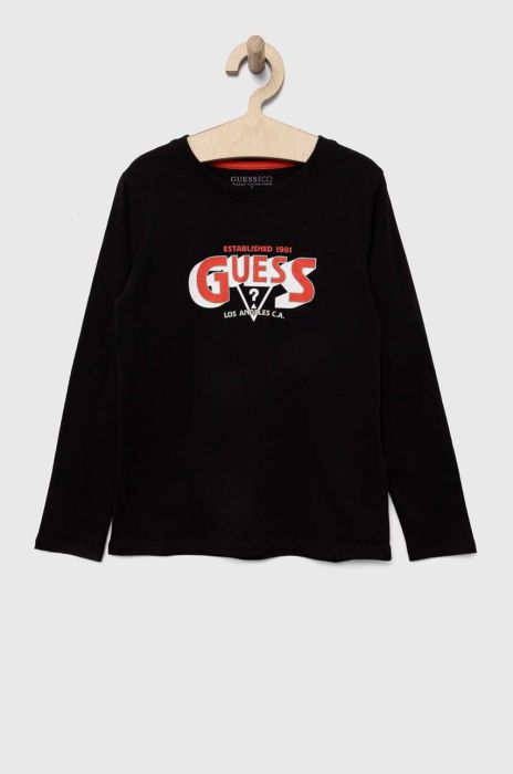 Дитячий бавовняний лонгслів Guess колір чорний з принтом (3327620) Дитячий бавовняний лонгслів Guess колір чорний з принтом (3327620)