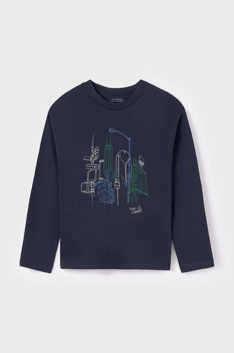 Дитячий бавовняний лонгслів Mayoral колір синій з принтом (3408086) Дитячий бавовняний лонгслів Mayoral колір синій з принтом (3408086)