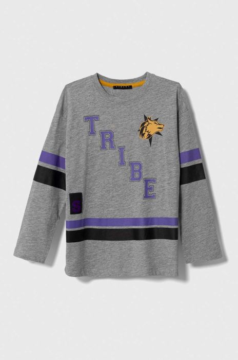 Дитячий бавовняний лонгслів Sisley колір сірий з принтом Дитячий бавовняний лонгслів Sisley колір сірий з принтом