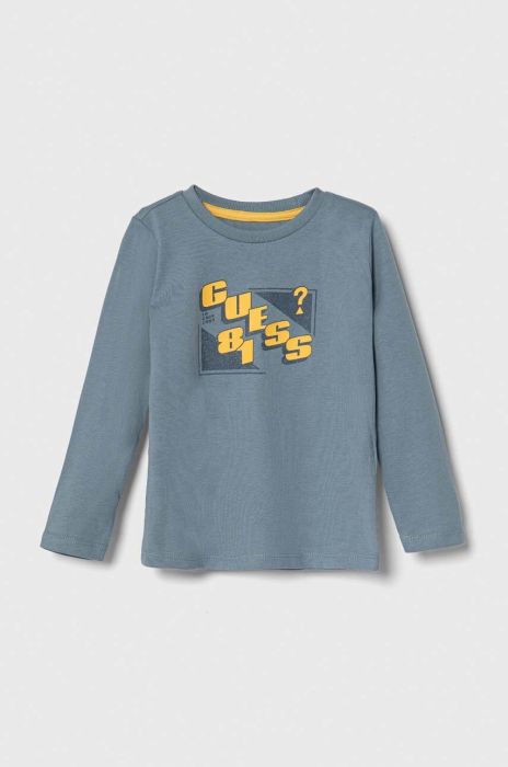 Дитячий бавовняний лонгслів Guess з принтом колір блакитний (3570994) Дитячий бавовняний лонгслів Guess з принтом колір блакитний (3570994)