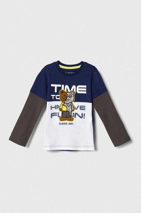 Дитячий бавовняний лонгслів Guess колір синій візерунок (3601626) Дитячий бавовняний лонгслів Guess колір синій візерунок (3601626)