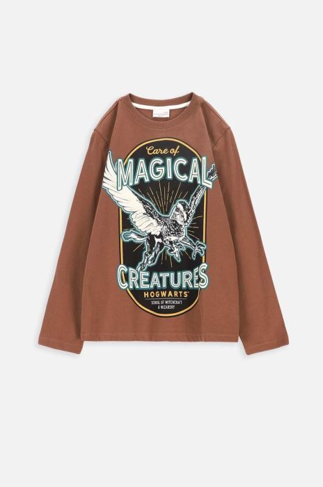 Дитячий бавовняний лонгслів Coccodrillo колір коричневий з принтом (3585338)