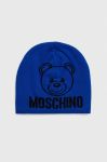 Вовняна шапка Moschino з товстого трикотажу вовна колір блакитний Вовняна шапка Moschino з товстого трикотажу вовна колір блакитний
