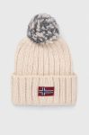 Шапка з домішкою вовни Napapijri колір бежевий з товстого трикотажу Шапка з домішкою вовни Napapijri колір бежевий з товстого трикотажу