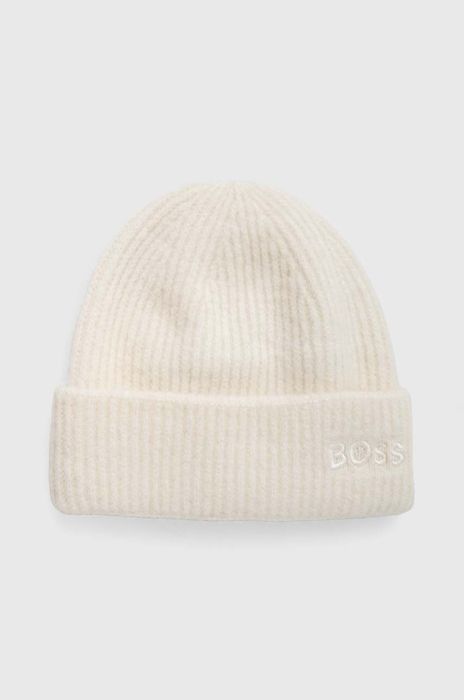Шапка з домішкою вовни BOSS колір білий з товстого трикотажу