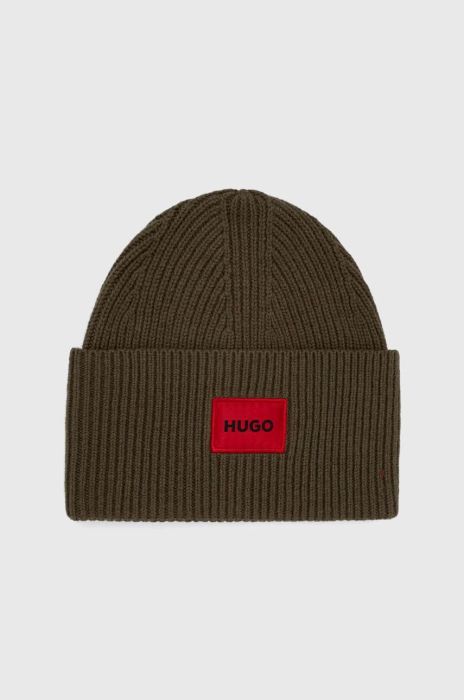 Вовняна шапка HUGO колір зелений з товстого трикотажу вовна Вовняна шапка HUGO колір зелений з товстого трикотажу вовна