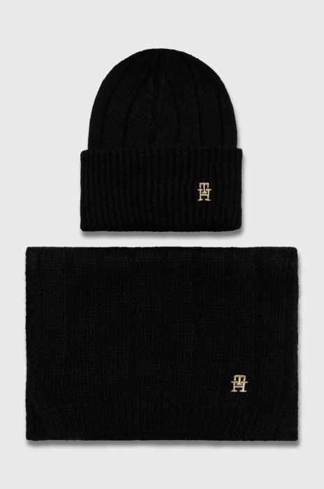 Шапка та шарф з домішкою вовни Tommy Hilfiger колір чорний