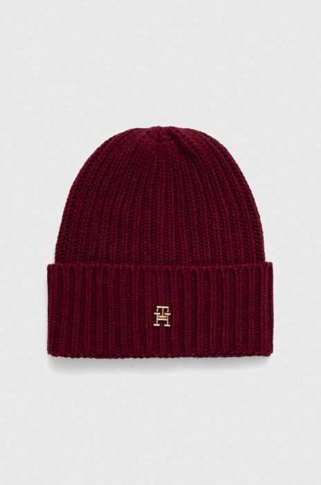 Шапка з домішкою вовни Tommy Hilfiger колір бордовий з товстого трикотажу Шапка з домішкою вовни Tommy Hilfiger колір бордовий з товстого трикотажу