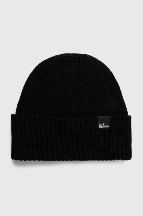 Вовняна шапка Jack Wolfskin колір чорний з тонкого трикотажу Вовняна шапка Jack Wolfskin колір чорний з тонкого трикотажу