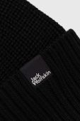 Вовняна шапка Jack Wolfskin колір чорний з тонкого трикотажу Вовняна шапка Jack Wolfskin колір чорний з тонкого трикотажу