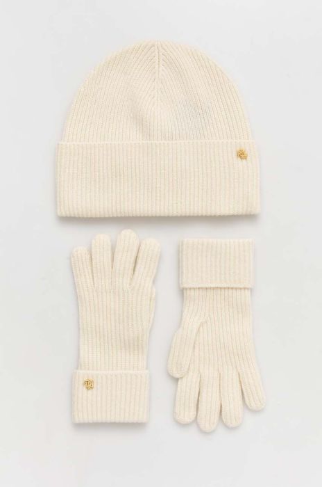 Вовняні шапка та рукавички Lauren Ralph Lauren колір бежевий Вовняні шапка та рукавички Lauren Ralph Lauren колір бежевий
