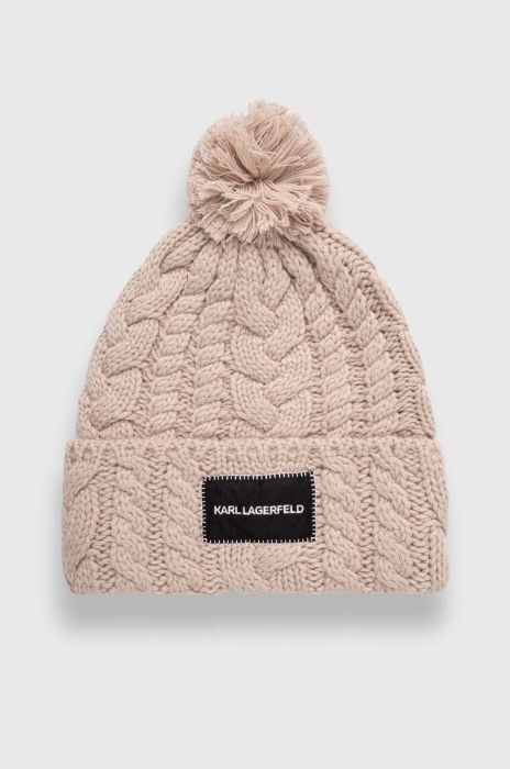 Вовняна шапка Karl Lagerfeld колір бежевий з товстого трикотажу вовна Вовняна шапка Karl Lagerfeld колір бежевий з товстого трикотажу вовна