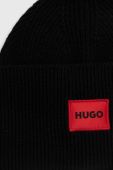 Вовняна шапка HUGO колір чорний з тонкого трикотажу вовна (3434025) Вовняна шапка HUGO колір чорний з тонкого трикотажу вовна (3434025)