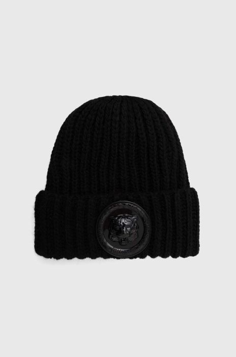 Шапка з домішкою вовни Just Cavalli колір чорний з товстого трикотажу Шапка з домішкою вовни Just Cavalli колір чорний з товстого трикотажу