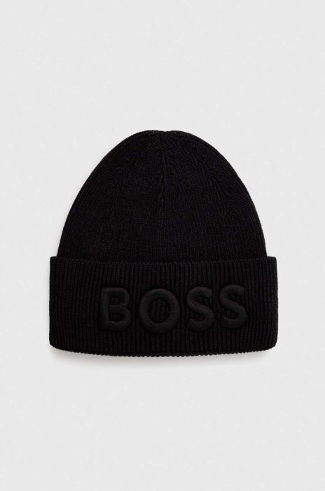 Шапка з домішкою вовни Boss Orange BOSS ORANGE колір чорний з товстого трикотажу Шапка з домішкою вовни Boss Orange BOSS ORANGE колір чорний з товстого трикотажу