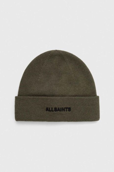 Шапка з домішкою вовни AllSaints колір зелений з товстого трикотажу Шапка з домішкою вовни AllSaints колір зелений з товстого трикотажу