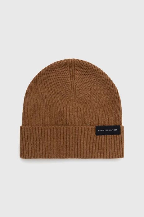 Шапка з домішкою вовни Tommy Hilfiger колір коричневий з тонкого трикотажу Шапка з домішкою вовни Tommy Hilfiger колір коричневий з тонкого трикотажу
