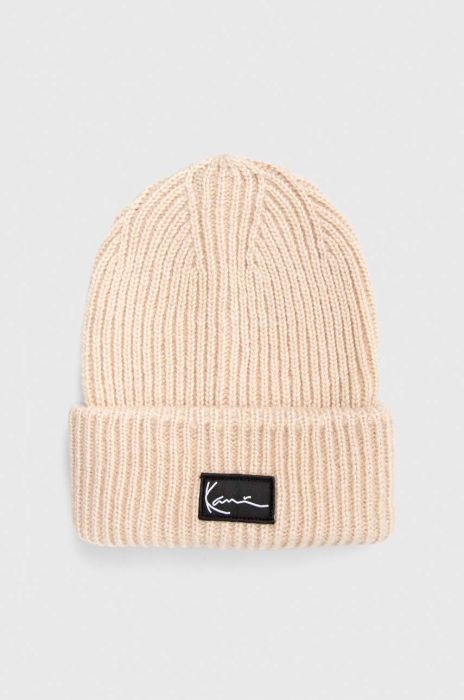 Шапка Karl Kani колір бежевий з товстого трикотажу (3650586) Шапка Karl Kani колір бежевий з товстого трикотажу (3650586)